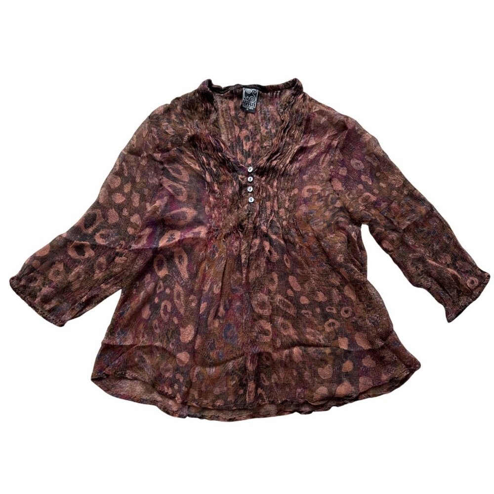 Sheer Boho-Style Leopard Print Blouse With 3/4 Sl… - image 1
